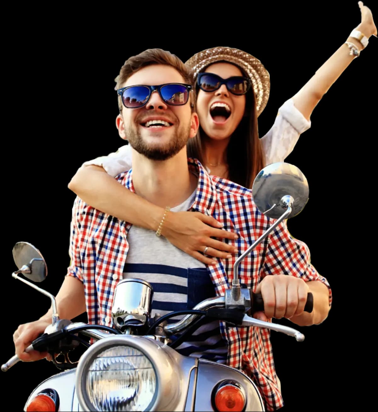 Smiling couple on moped