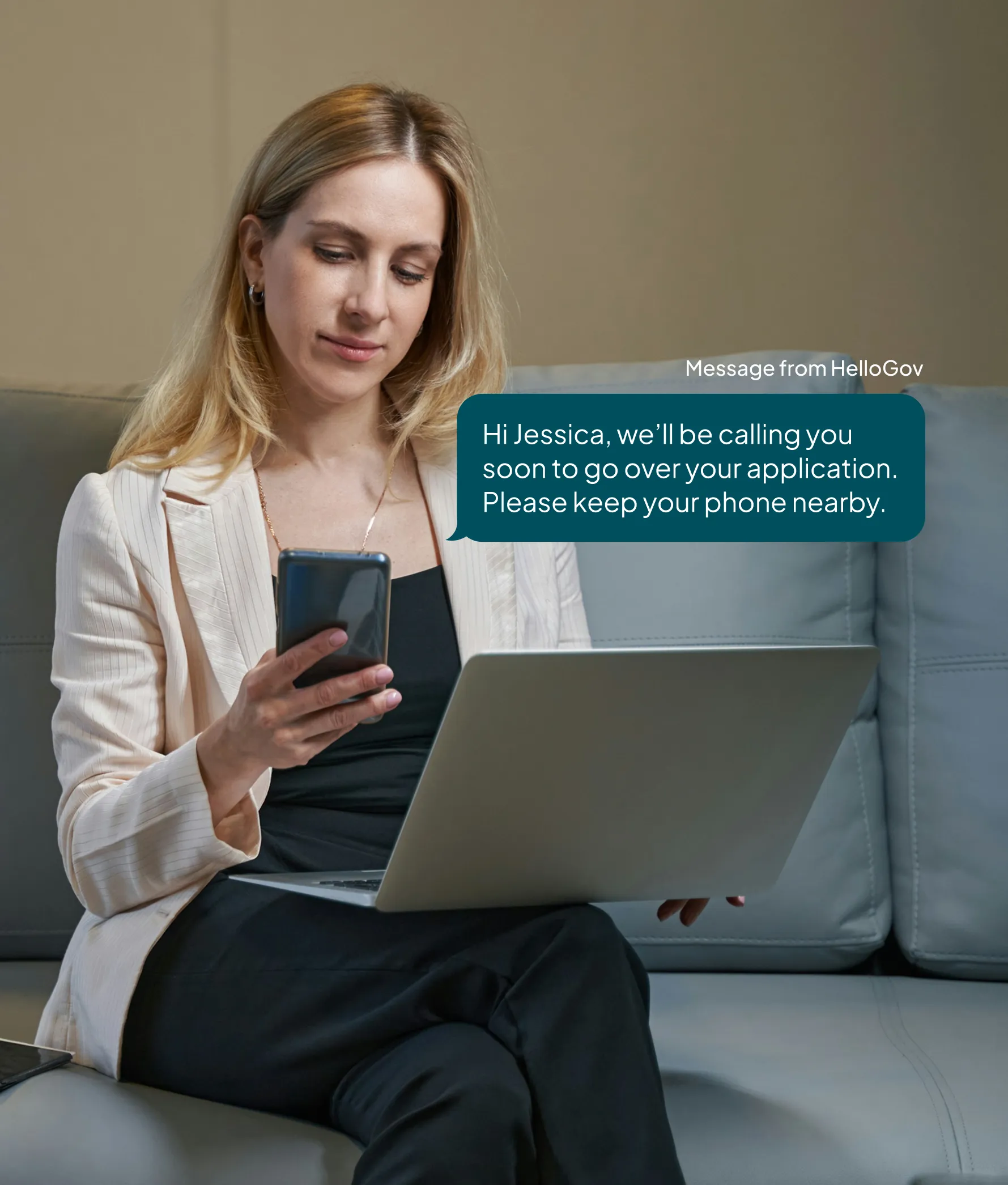 Woman receiving message from HelloGov