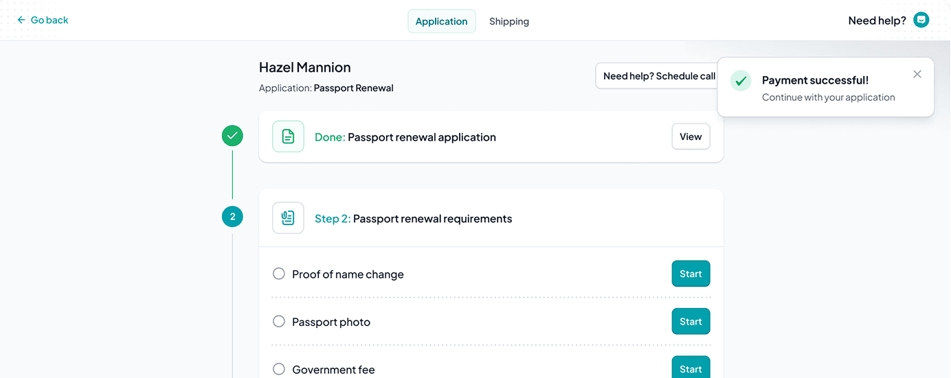 HelloGov application dashboard showing a passport renewal in progress