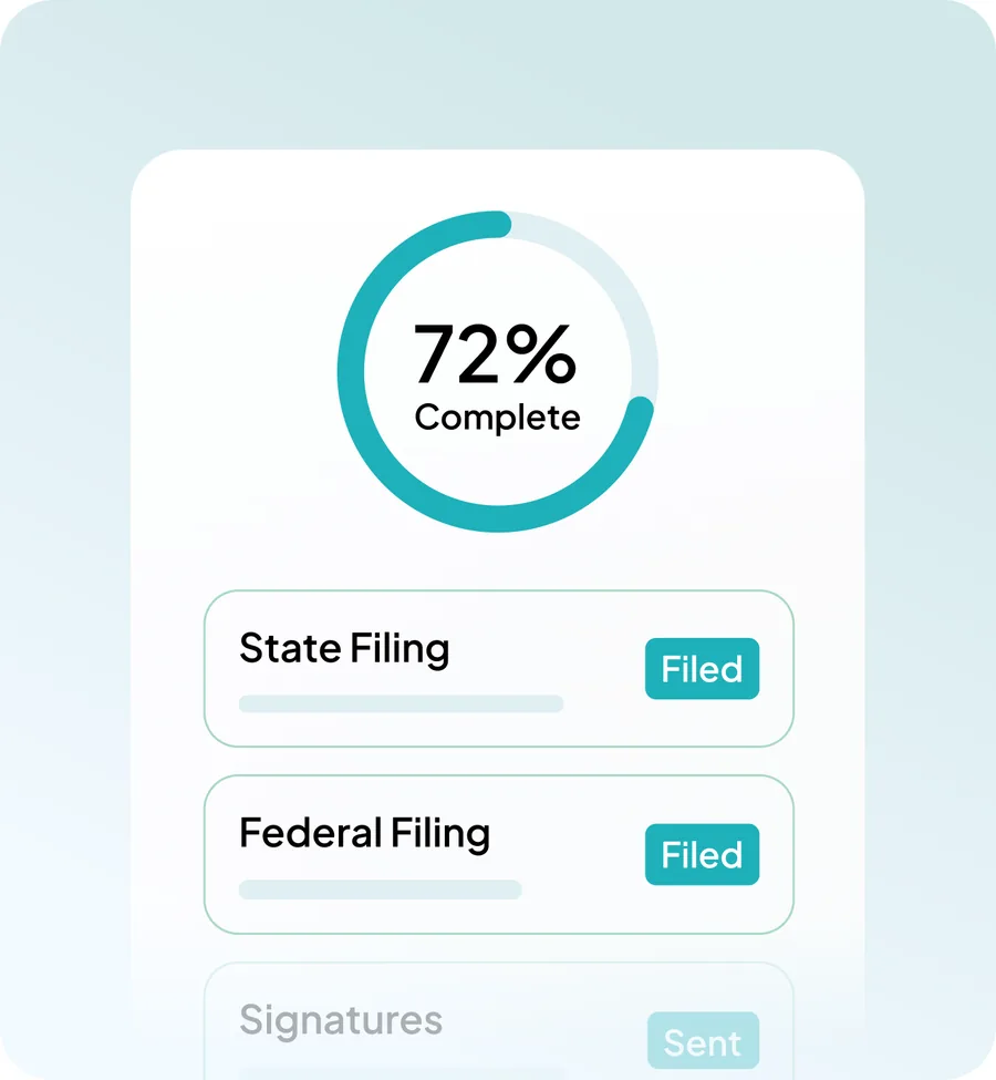 Filing progress at 72% complete, with state and federal filings marked filed.