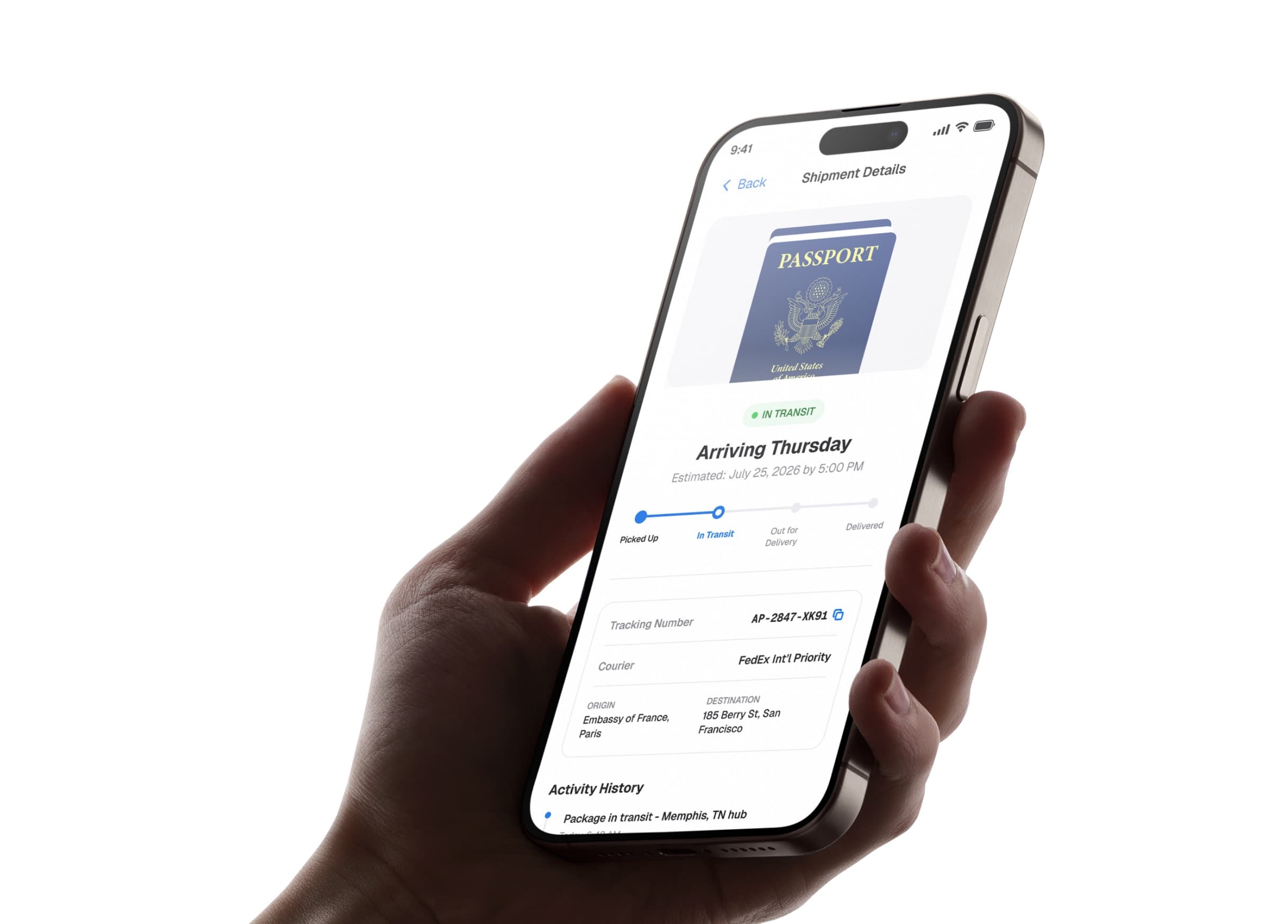 A hand holding a phone showing live passport shipment tracking