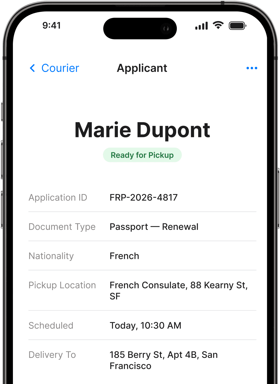 The HelloGov courier app showing an applicant handoff screen