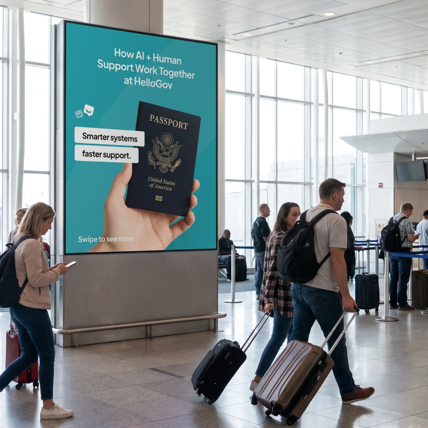 An airport screen showing the HelloGov app while a traveler walks past