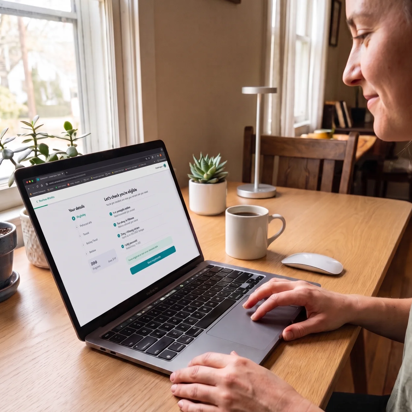 A woman completing a HelloGov application on her laptop at home