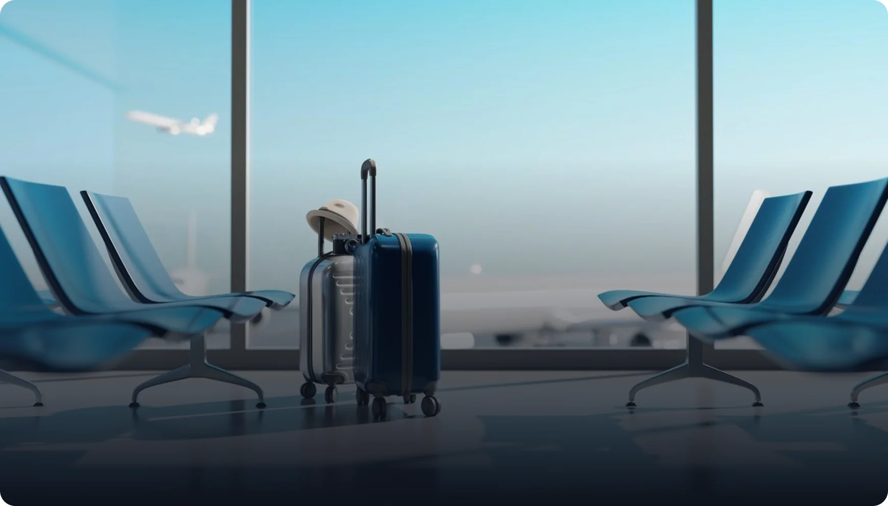 A suitcase and hat resting by an airport terminal window with a plane taking off in the distance