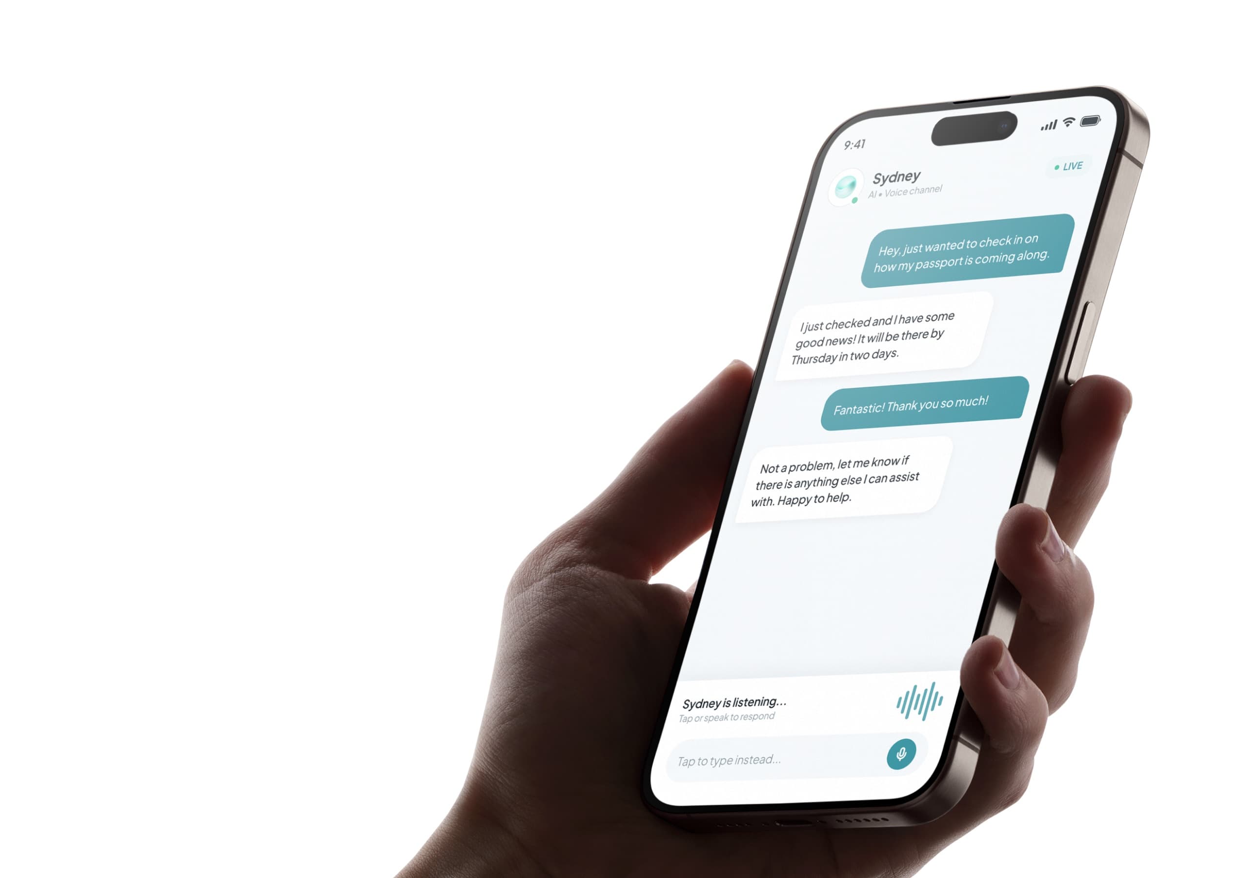 Sydney AI handling a passport status request in a voice chat