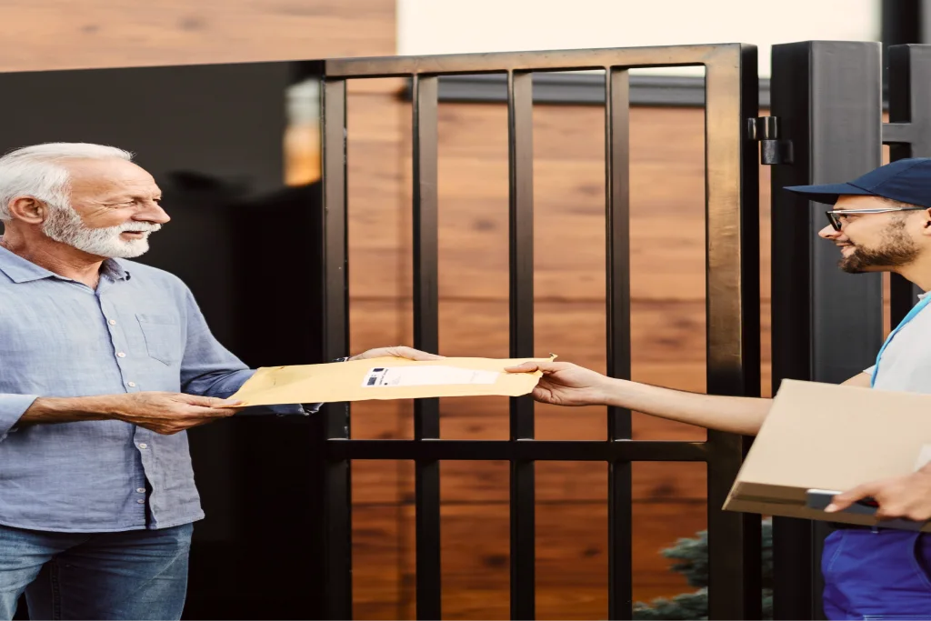 A courier delivering a document envelope to a customer at their gate