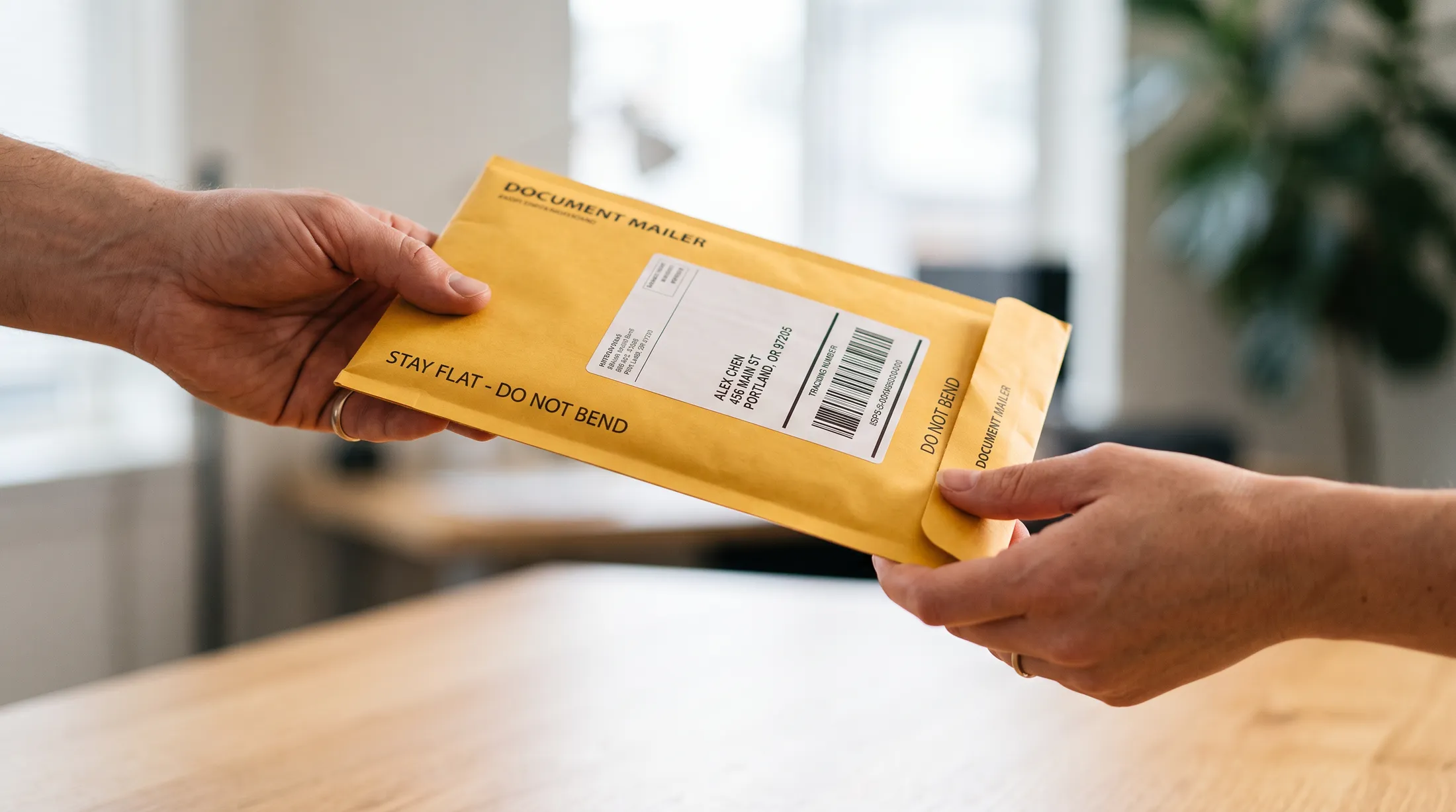 A courier handing a sealed document mailer to a customer