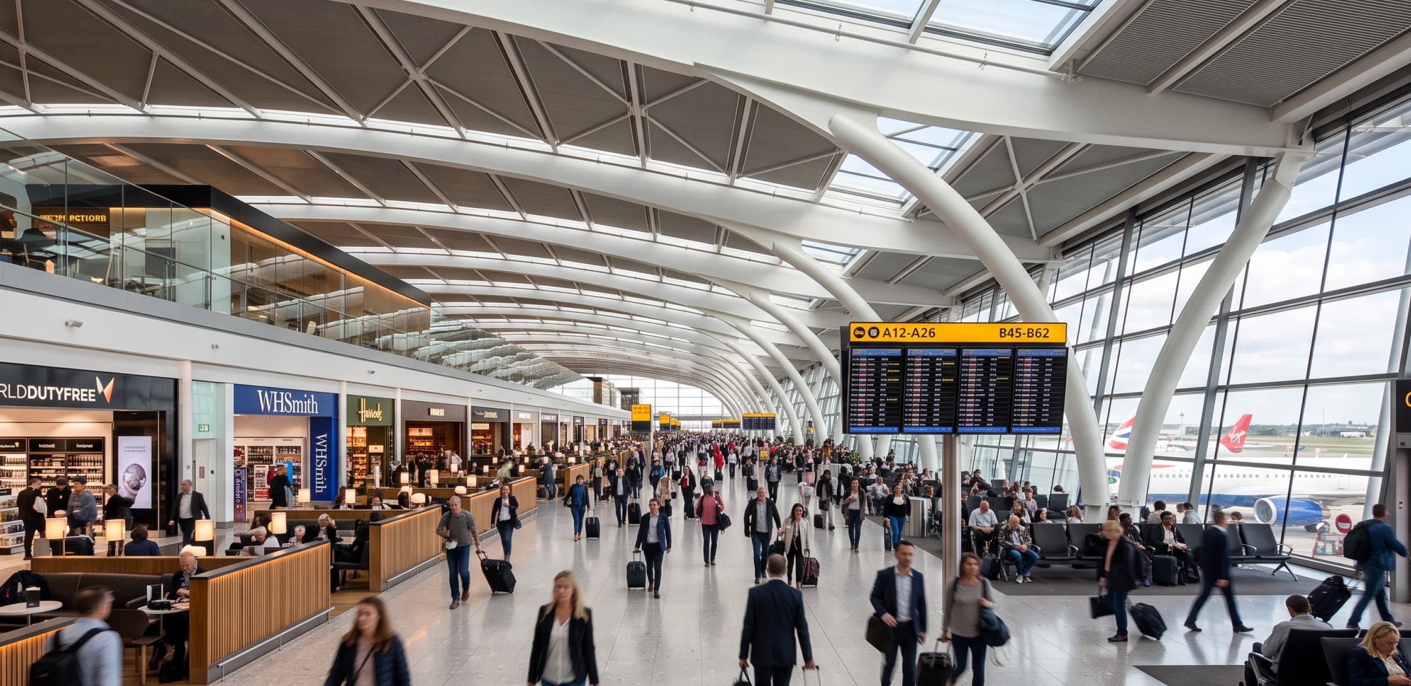Travelers moving through a busy airport terminal