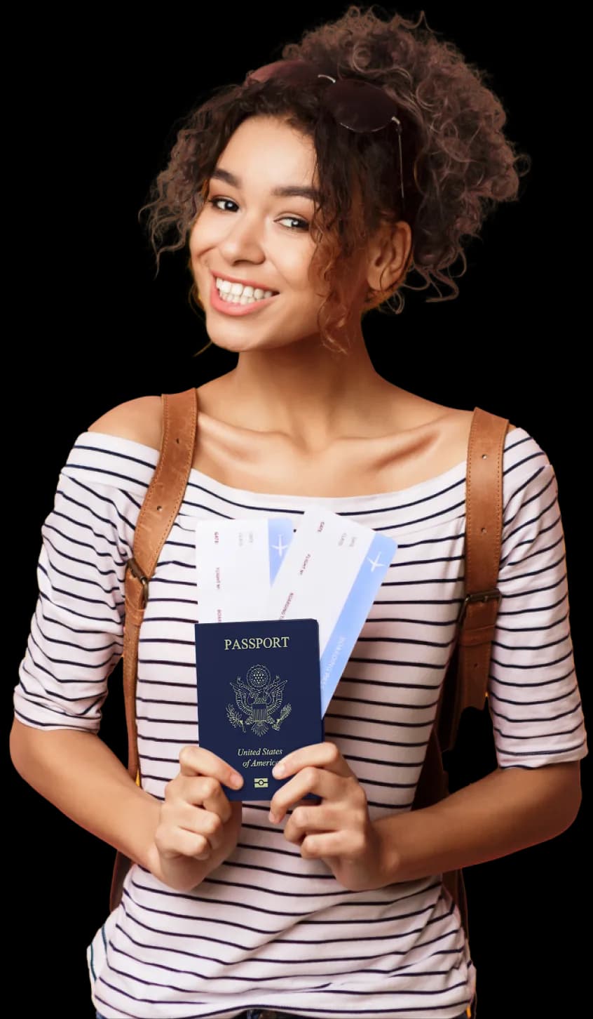 Happy woman holding passport and tickets after getting her damaged passport replaced with HelloGov