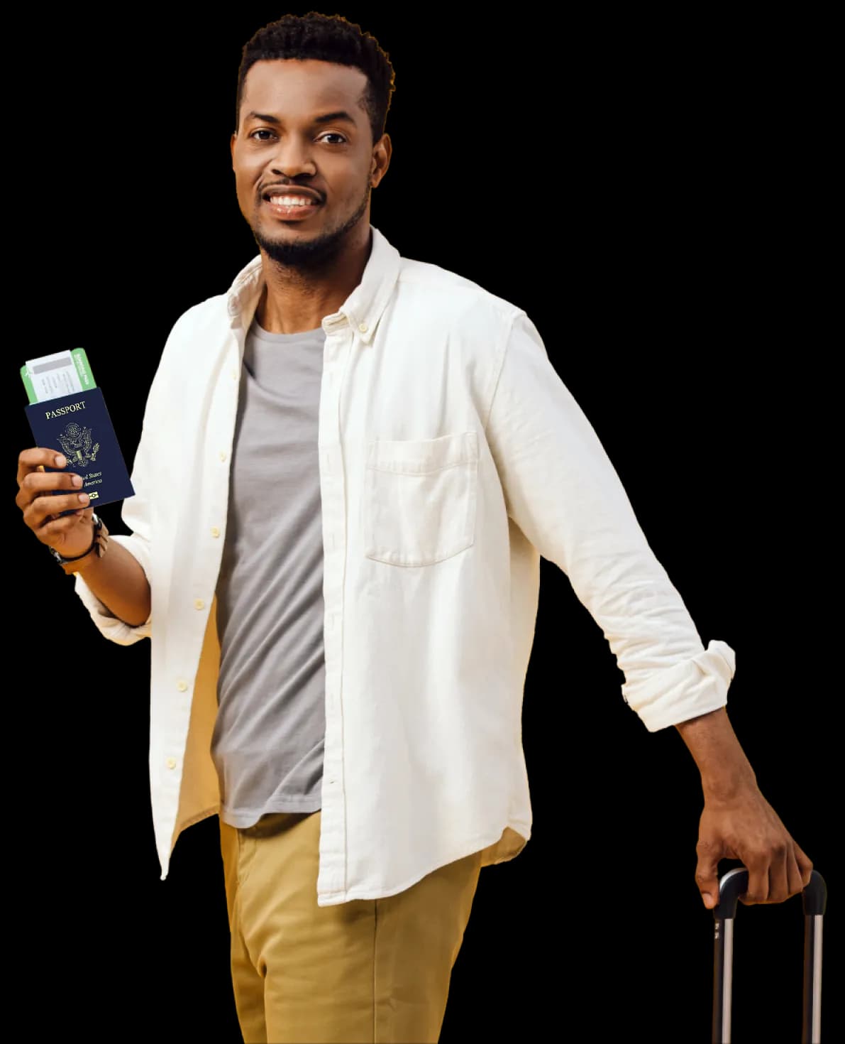 Smiling man with suitcase holding the passport he replaced with HelloGov after a stolen passport