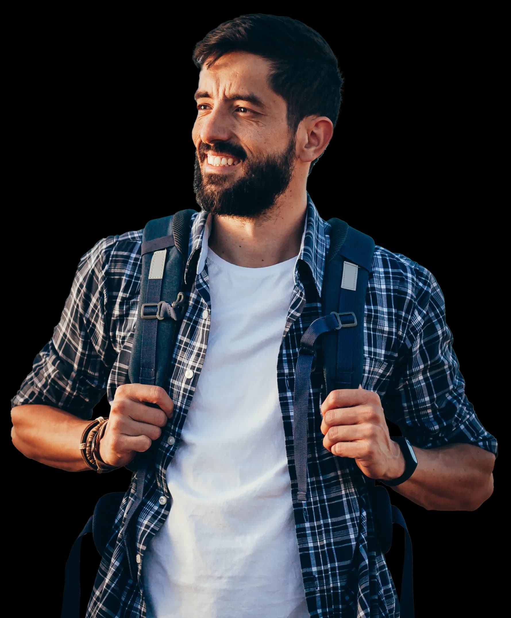 Smiling man with a backpack after getting his lost passport replaced with HelloGov