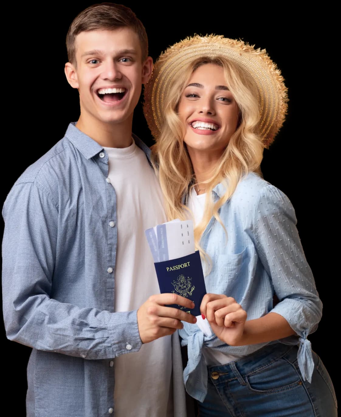 Young couple smiling and holding passport after changing their name on their passport with HelloGov