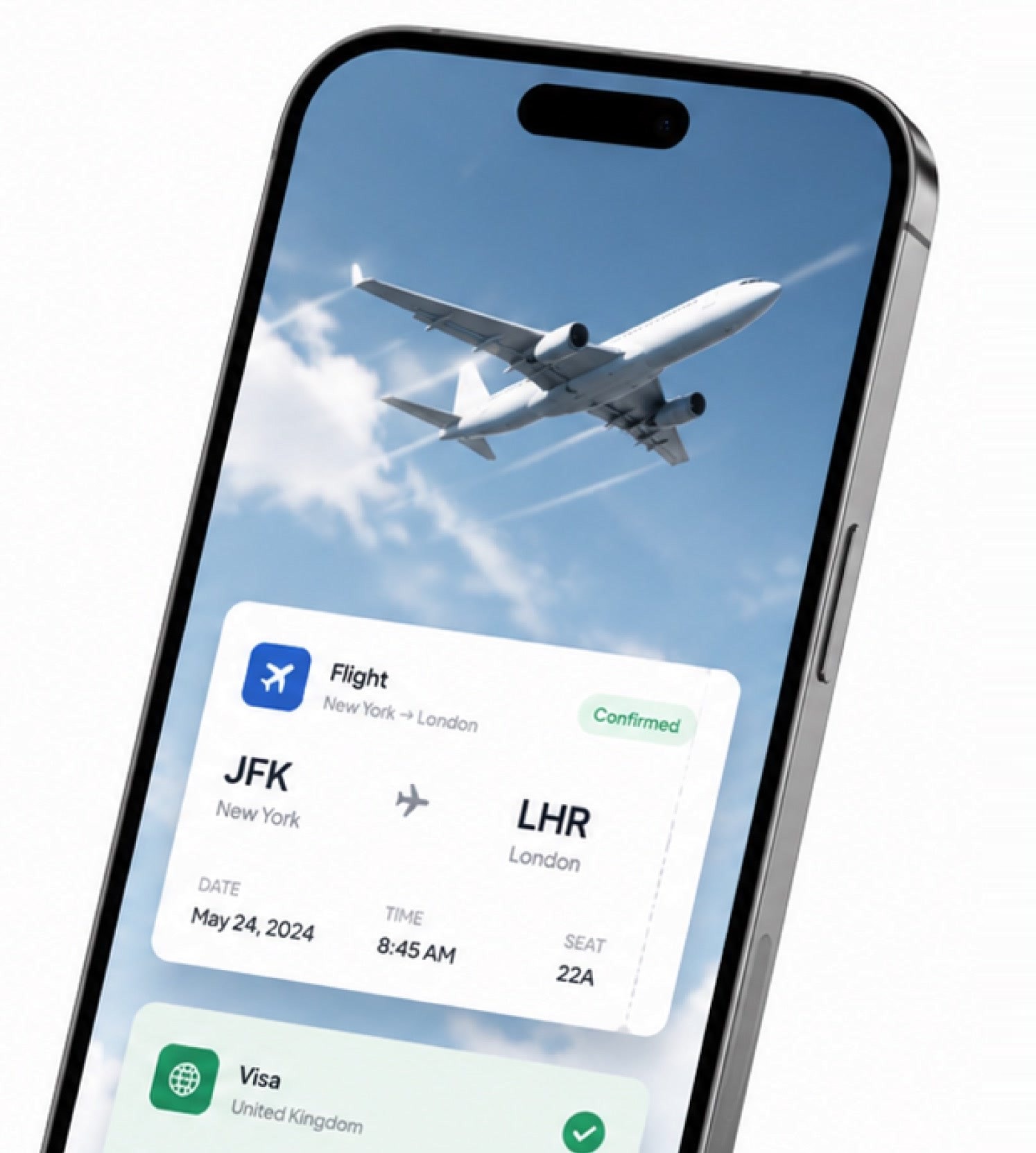 The HelloGov app tracking a trip from JFK to LHR