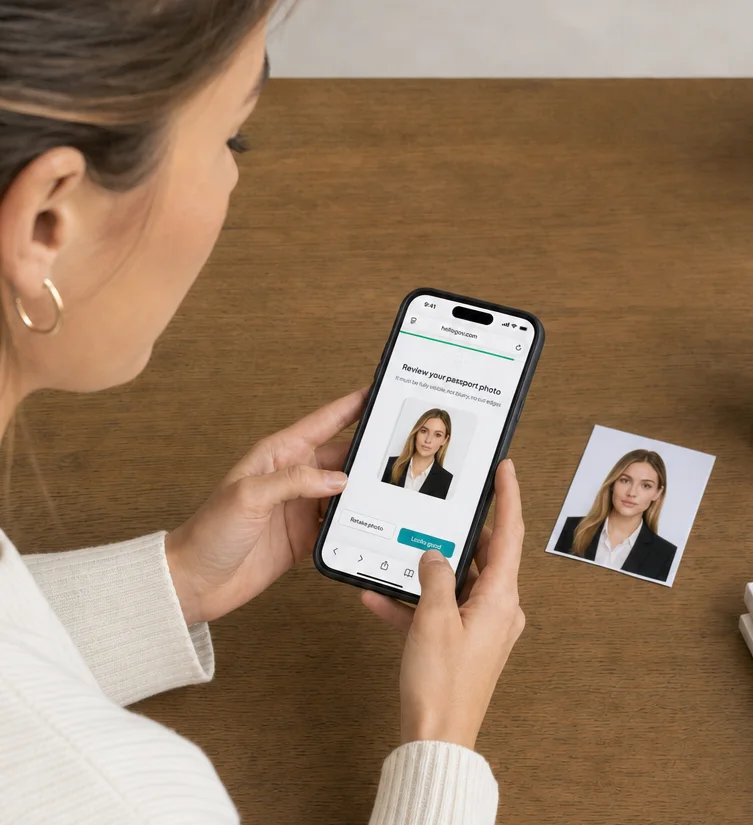 A hand holding a phone with a government portal over passport paperwork