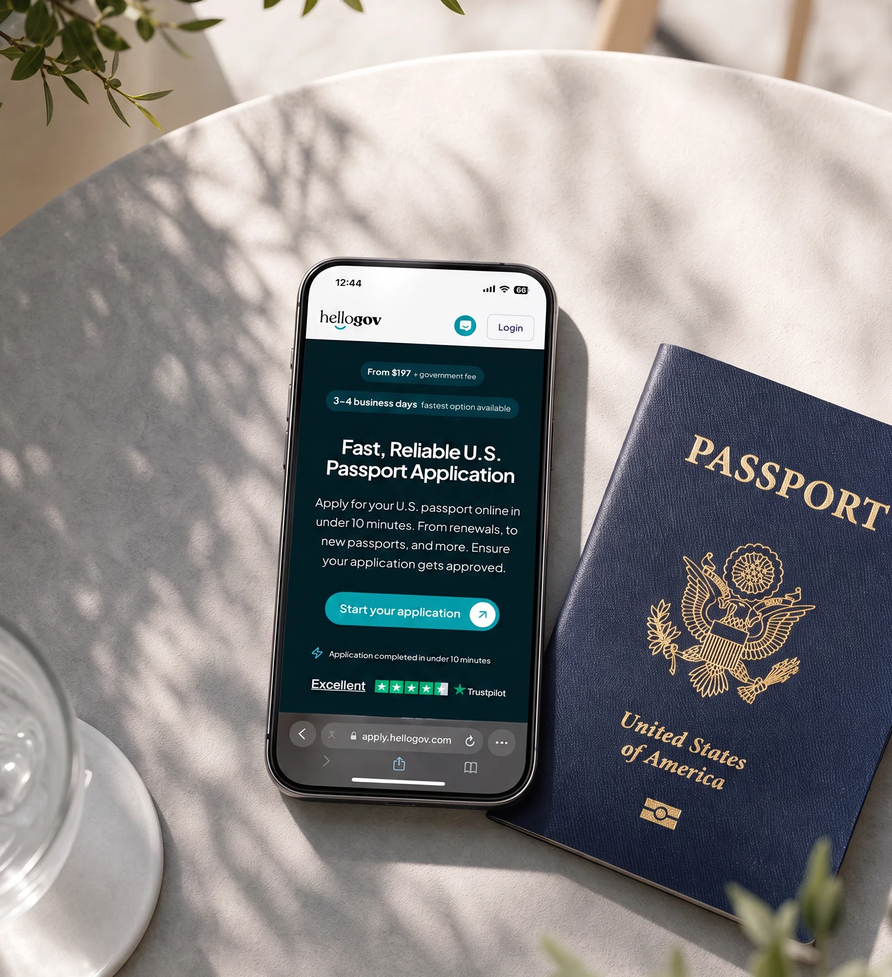 Hands holding a phone with the HelloGov app over passport paperwork