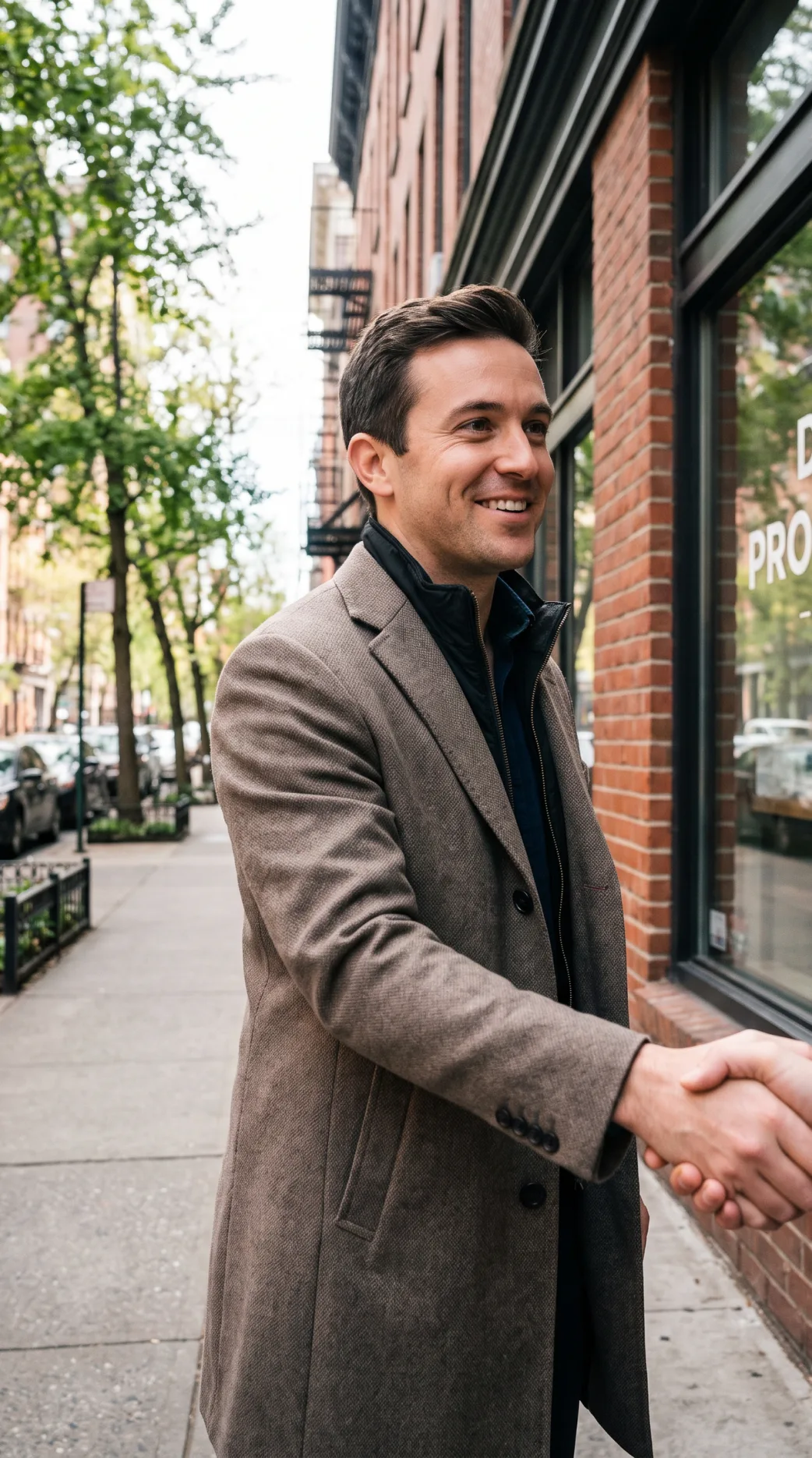 A smiling man in a coat shaking hands on a city street
