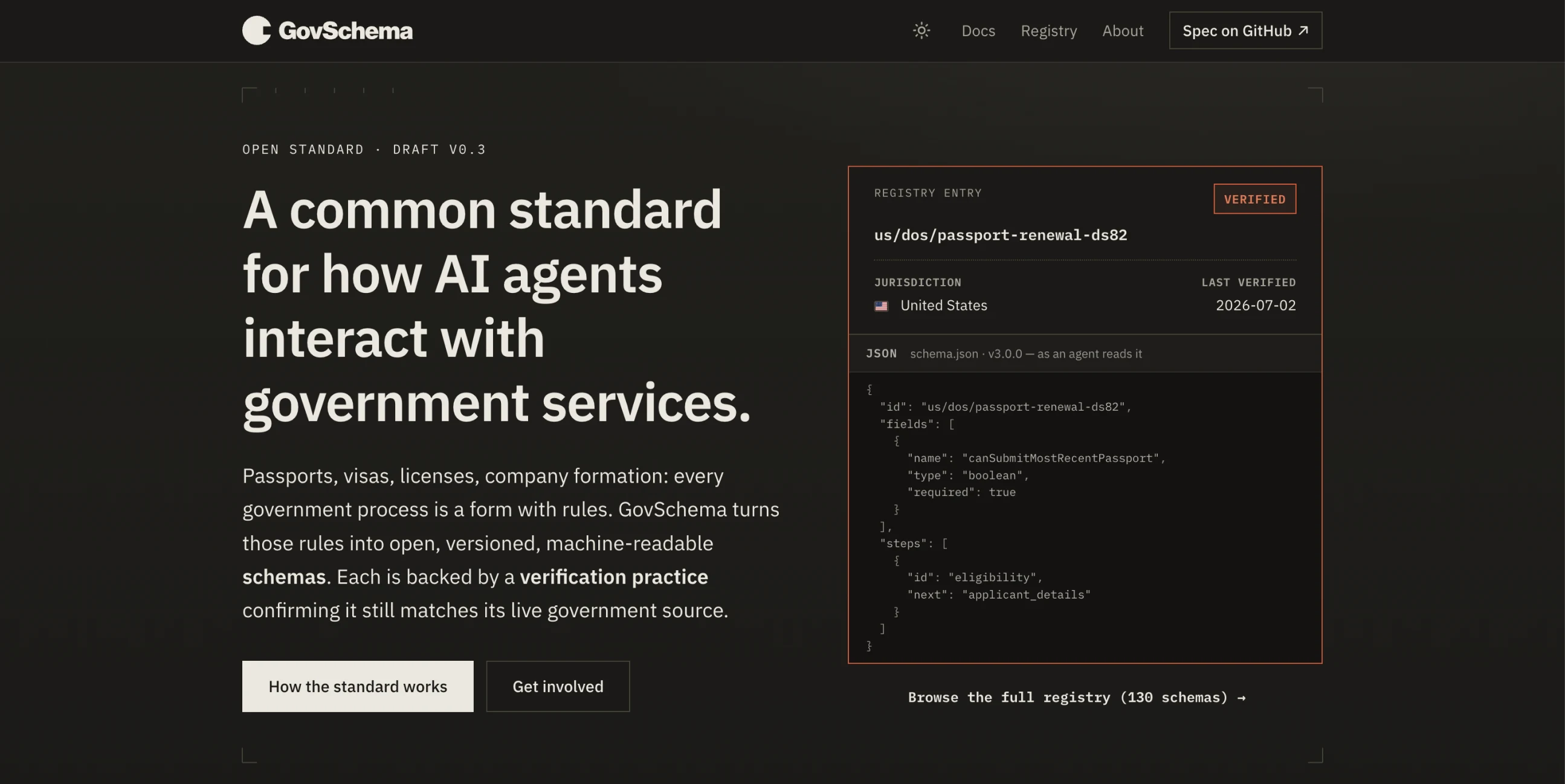The GovSchema site, a common standard for how AI agents interact with government services