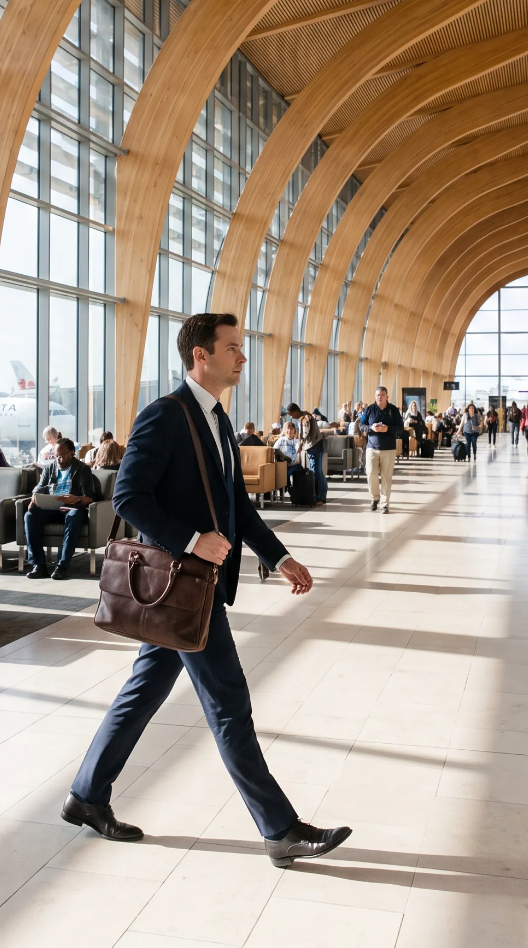 A business traveler walking through an airport terminal